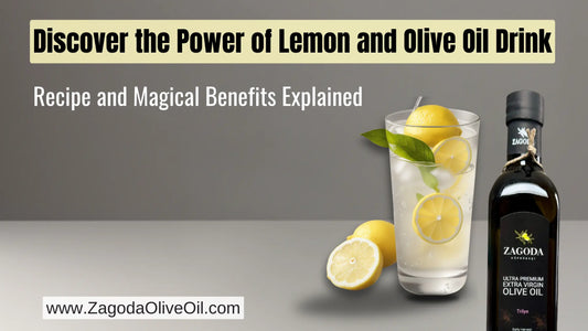 Glass of lemon and olive oil drink on a table with fresh lemons and olive oil bottle in the background