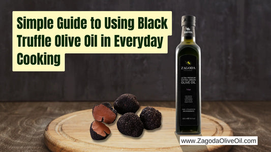 Black truffle olive oil bottle with fresh black truffles and olive branches, showcasing the luxurious ingredient.