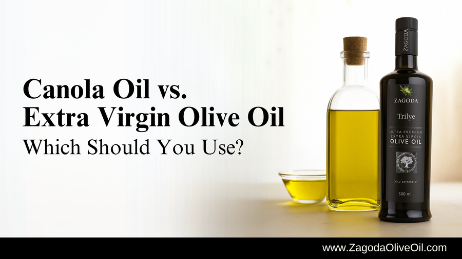 A bottle of extra virgin olive oil and a bottle of canola oil side by side on a kitchen counter
