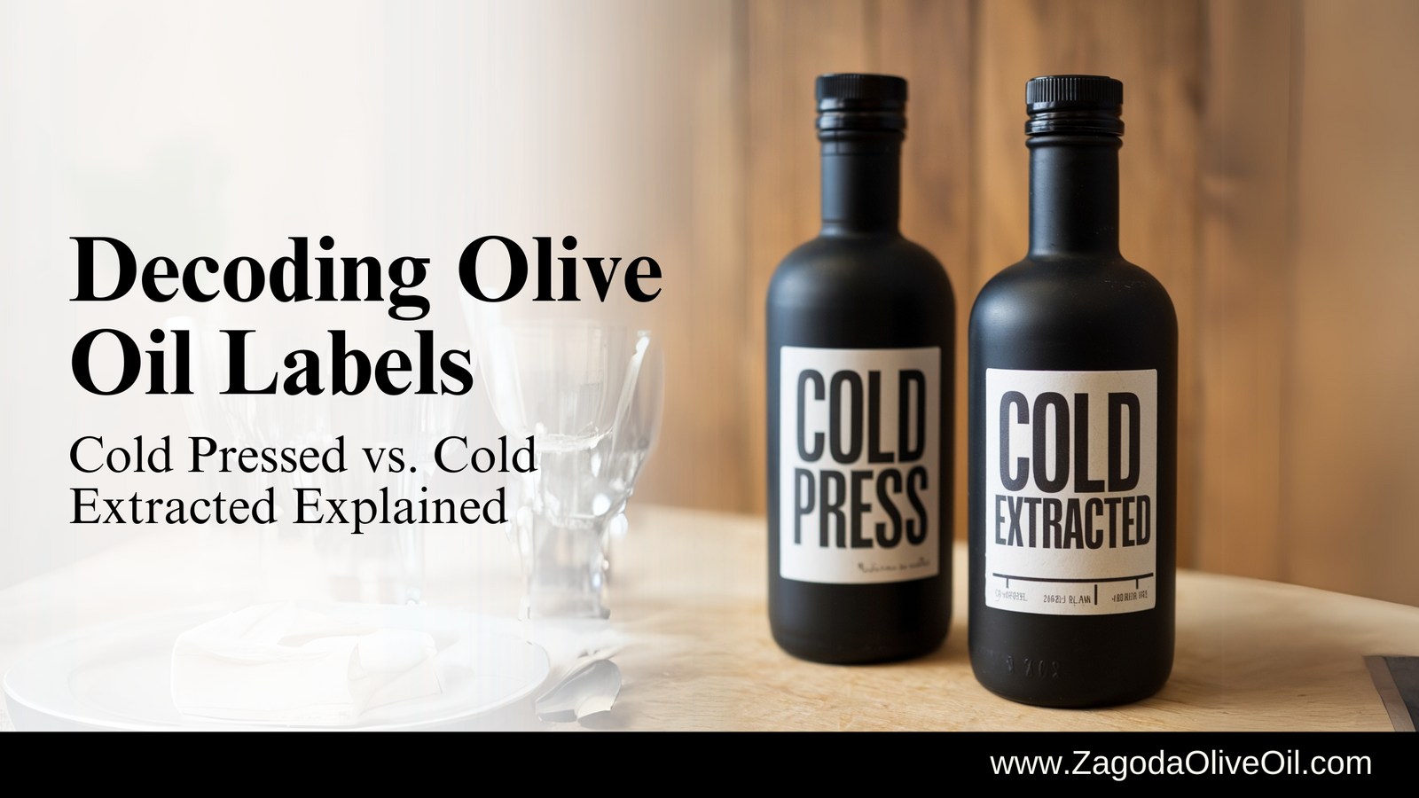 Bottle of cold extracted and cold pressed extra virgin olive oil on wooden table