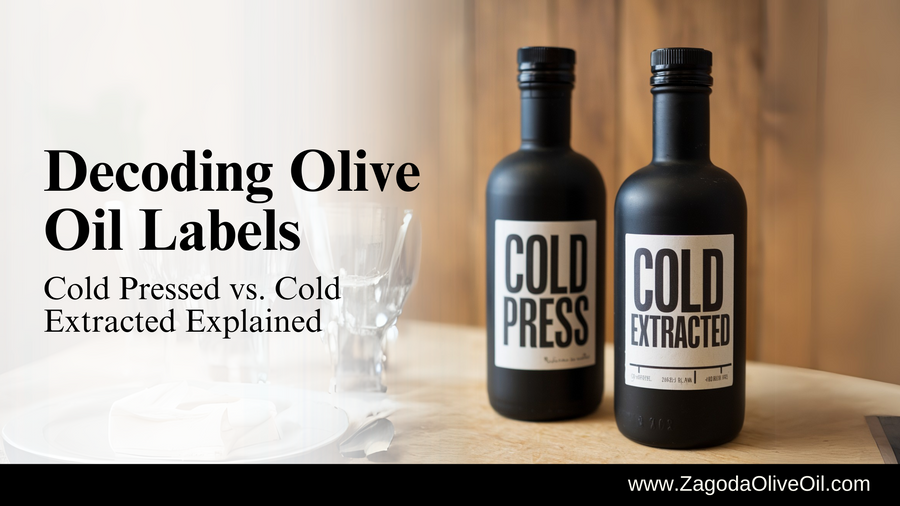 Bottle of cold extracted and cold pressed extra virgin olive oil on wooden table