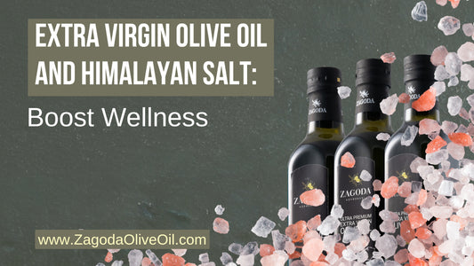 Bottles of extra virgin olive oil and Himalayan salt.