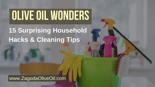 Featured image showing various household items being cleaned with olive oil, highlighting its versatility and eco-friendly benefits