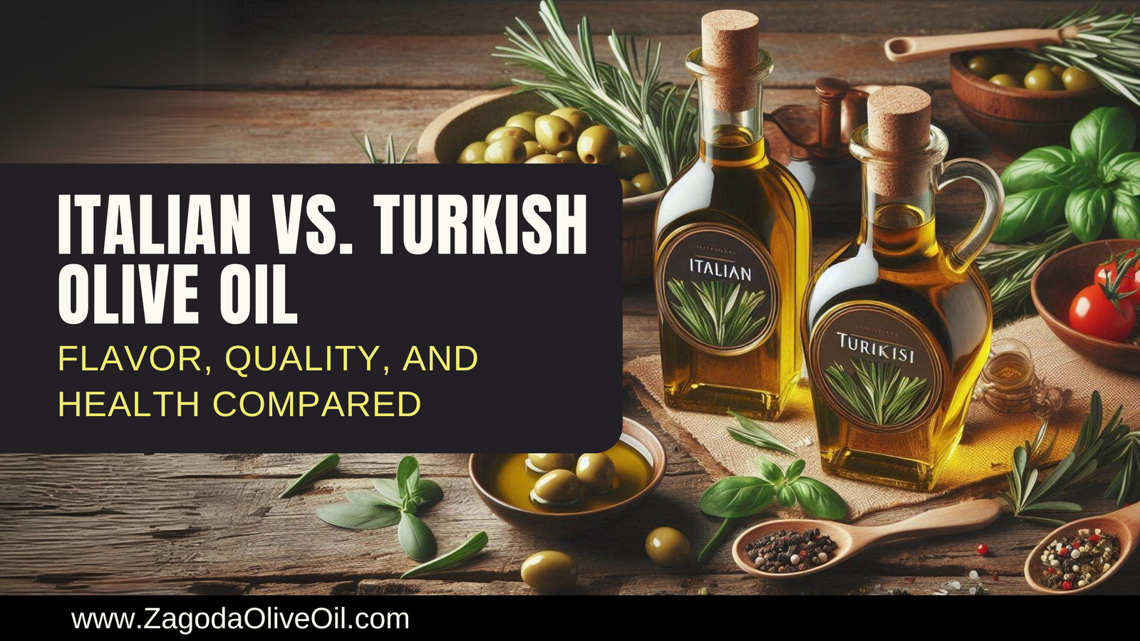 A comparison of Italian vs Turkish olive oil bottles on a rustic table