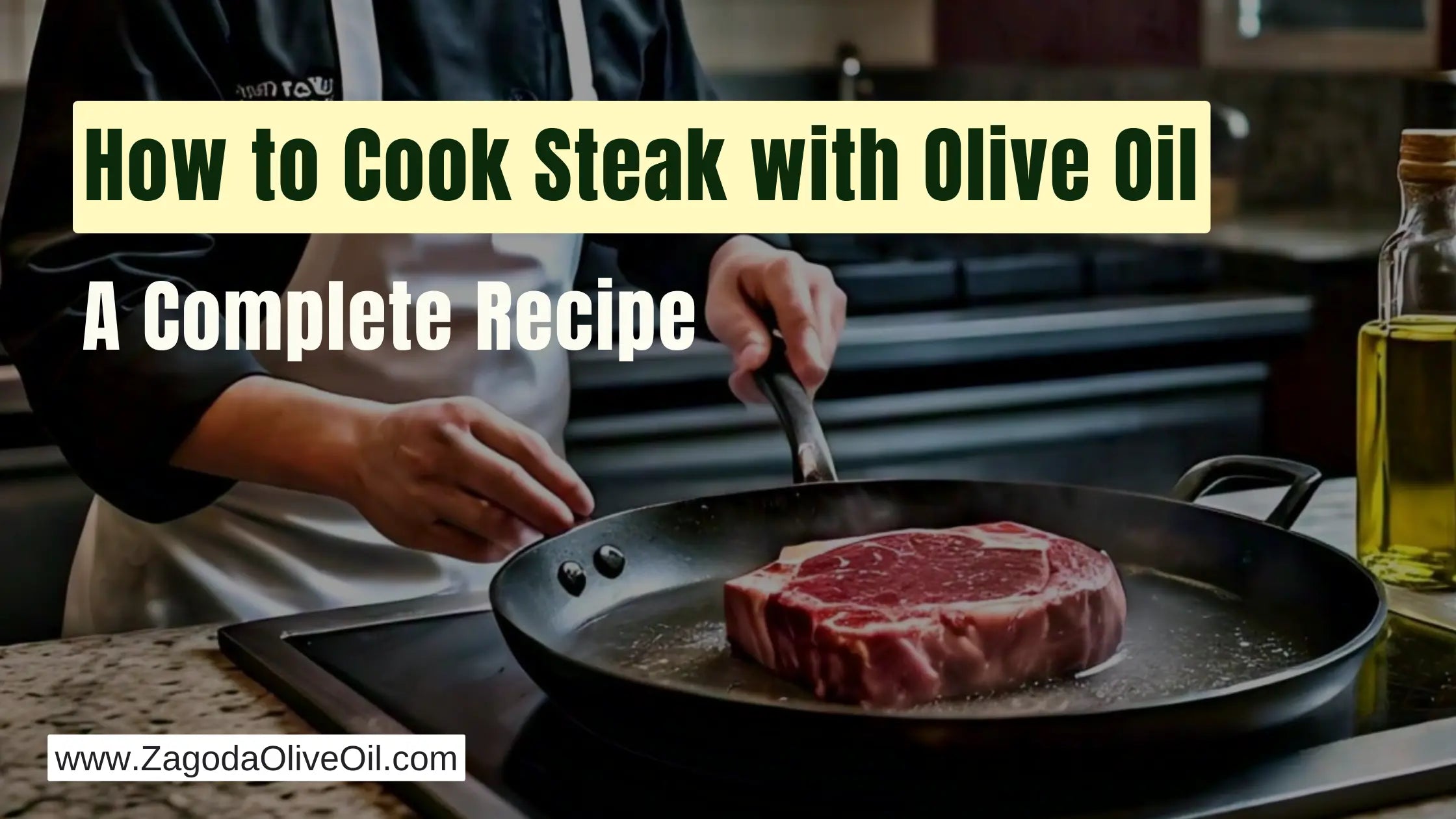 Cook steak with olive oil: A perfectly seared steak in a pan.