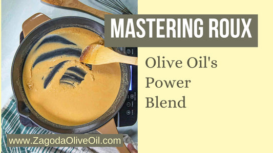 a pan with bubbling olive oil and flour mixture, showcasing the process of making olive oil roux for flavorful and nutritious cooking.