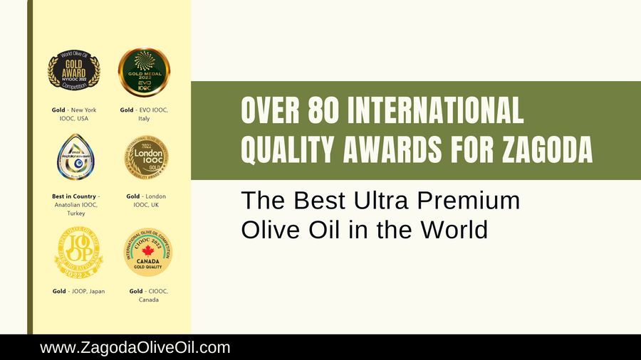 Zagoda Olive Oil bottles with international award medals