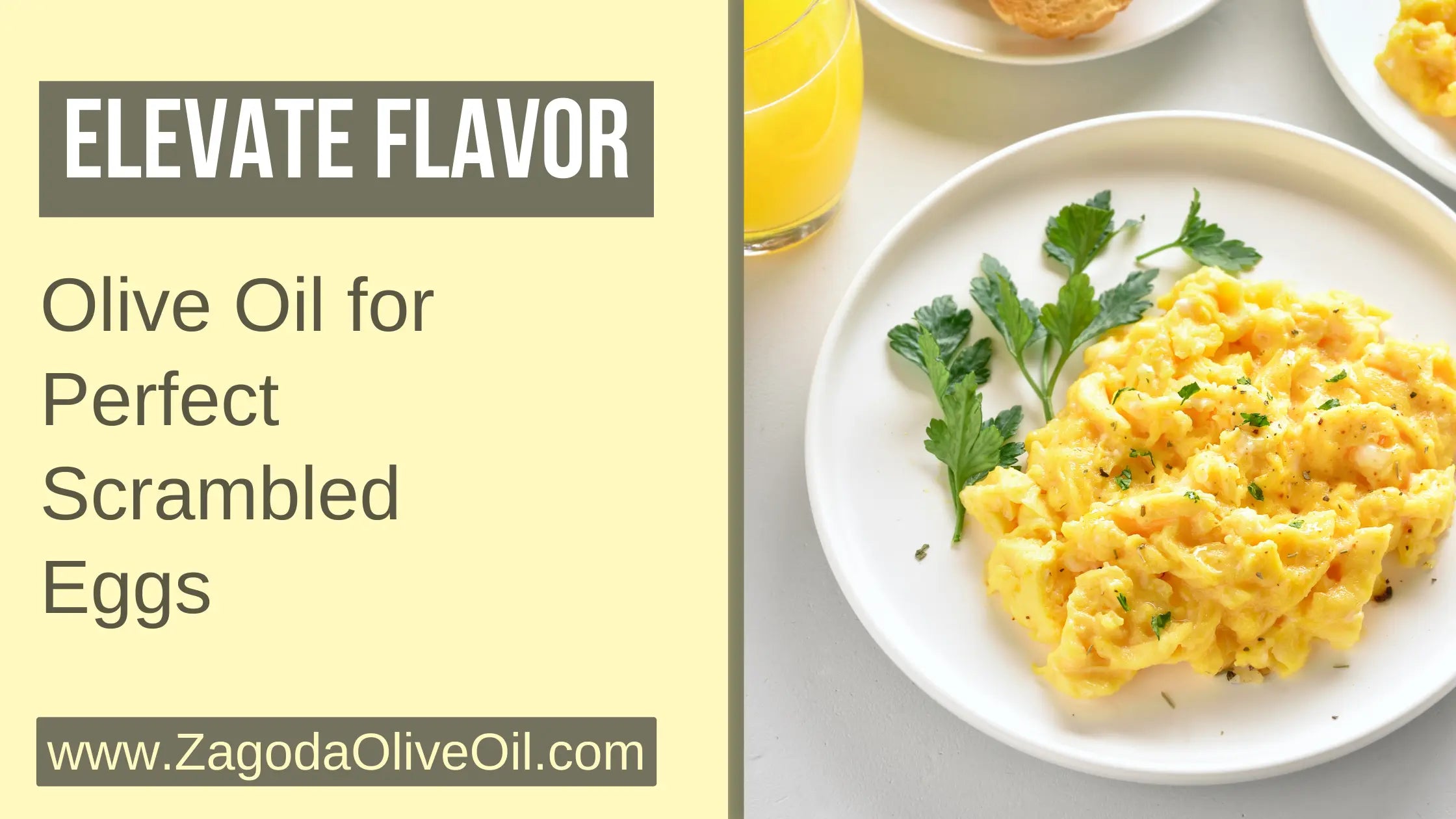 Image depicting scrambled eggs being cooked in a skillet with olive oil. The eggs are lightly scrambled and cooking in the sizzling oil, creating a golden and fluffy texture