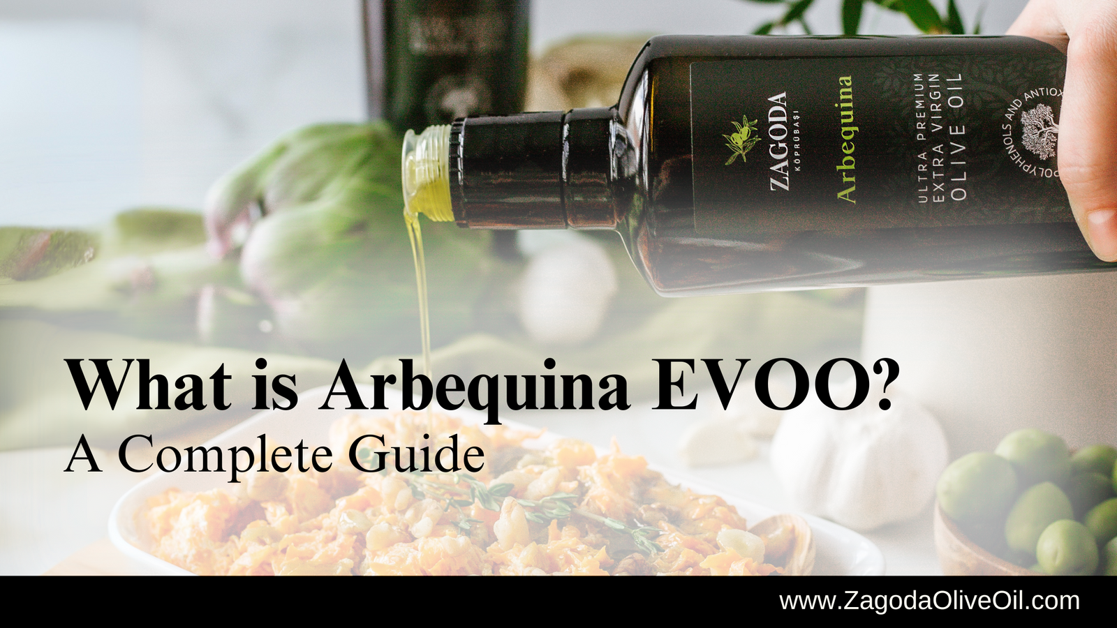 Hand pouring Zagoda Arbequina EVOO over food