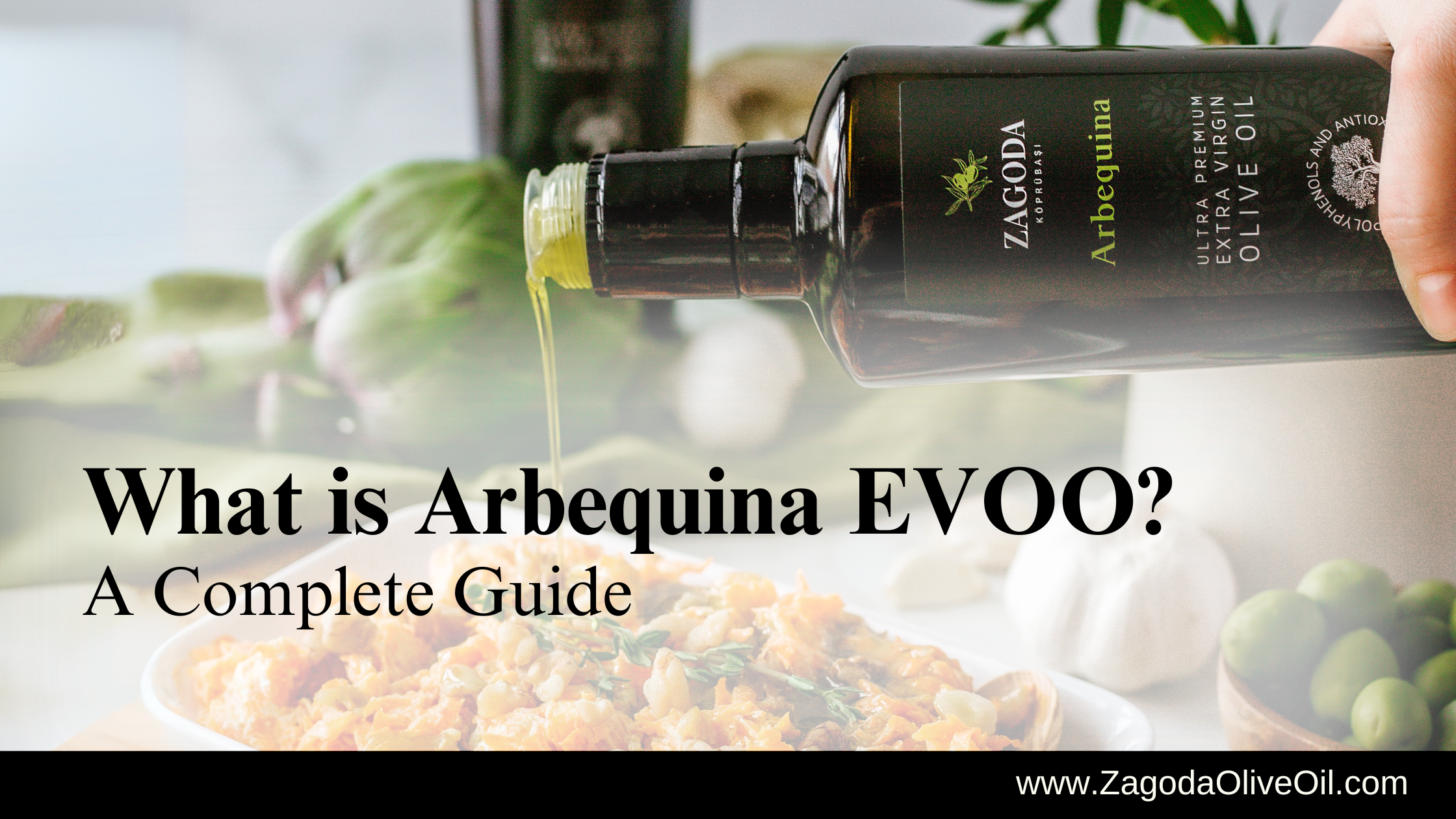 Hand pouring Zagoda Arbequina EVOO over food