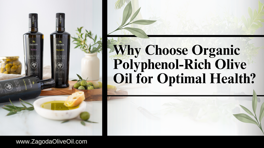 Organic polyphenol-rich olive oil in a bottle with olives.