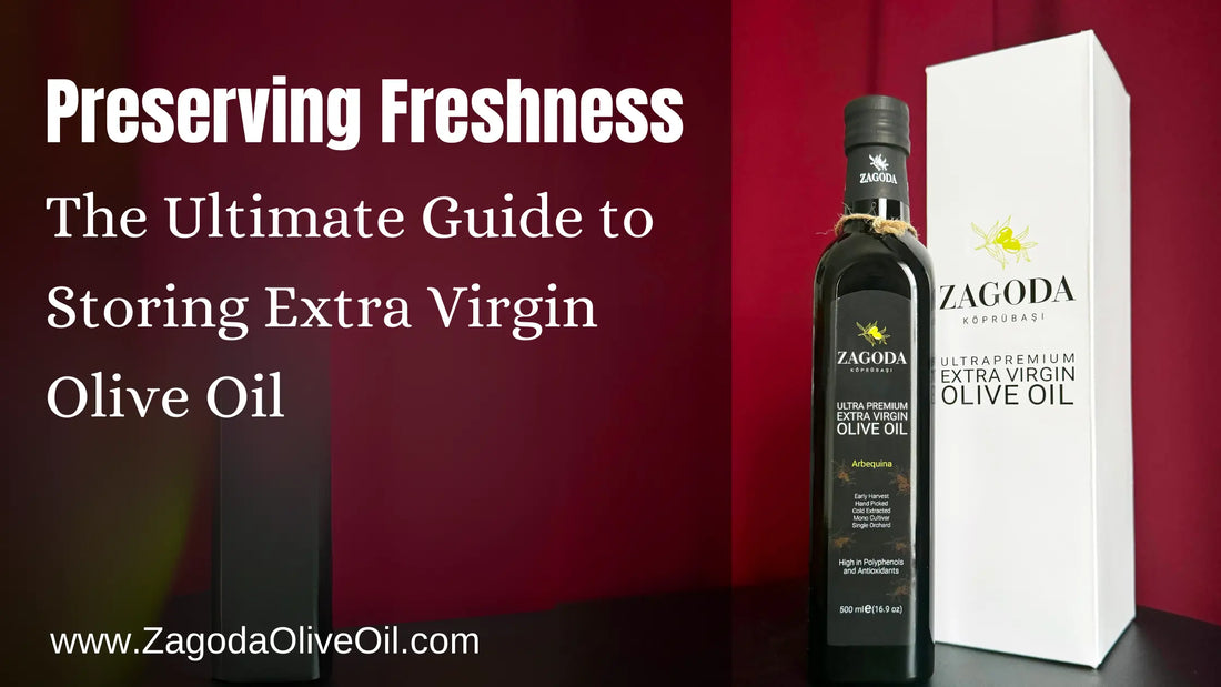 Extra virgin olive oil bottle stored in dark cupboard.