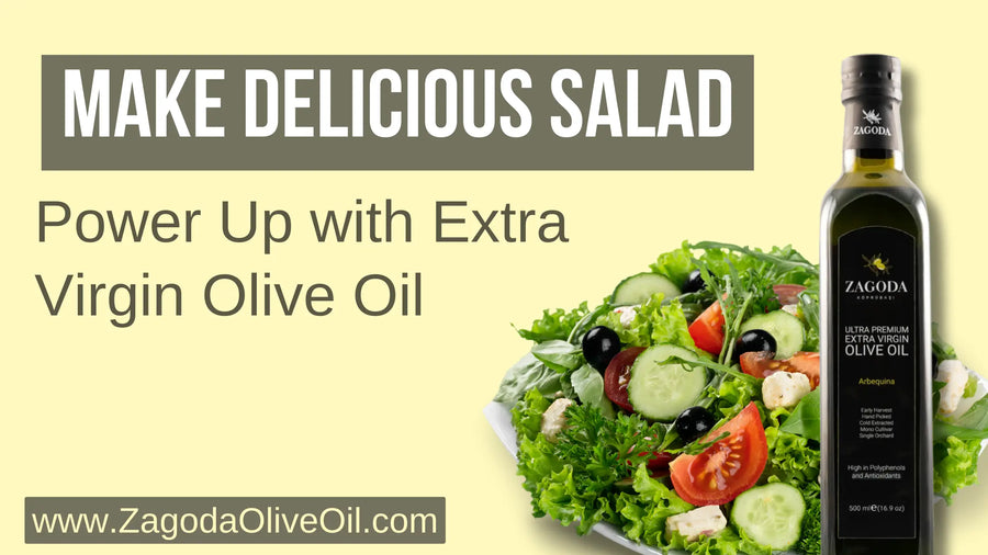 A colorful salad bowl featuring vibrant greens, tomatoes, cucumbers, and peppers drizzled with golden olive oil, symbolizing the power of nutrition and flavor infusion.