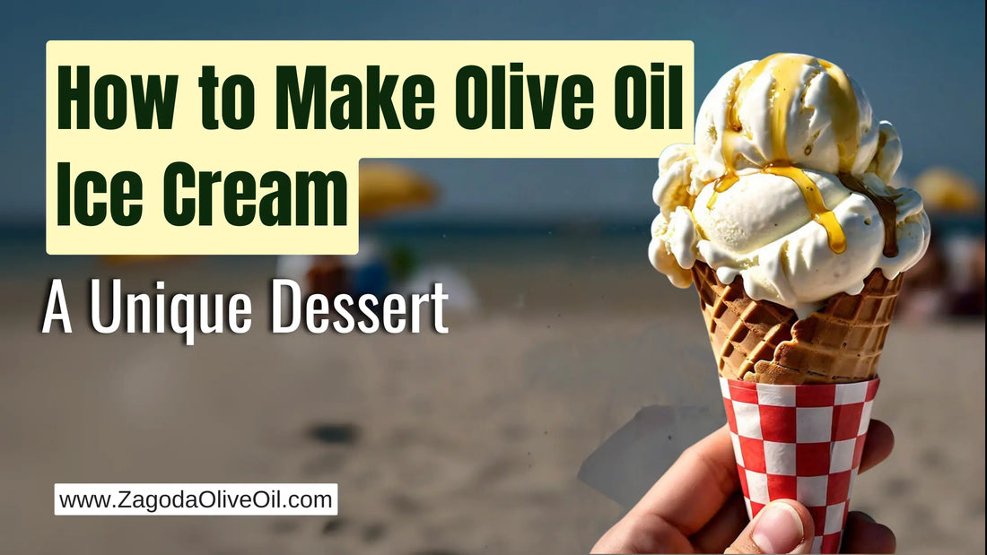A scoop of creamy olive oil ice cream topped with fresh olive oil