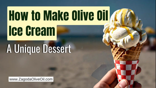 A scoop of creamy olive oil ice cream topped with fresh olive oil