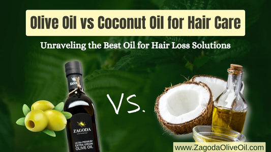 Comparison of olive oil and coconut oil bottles with lush, healthy hair strands in the background.