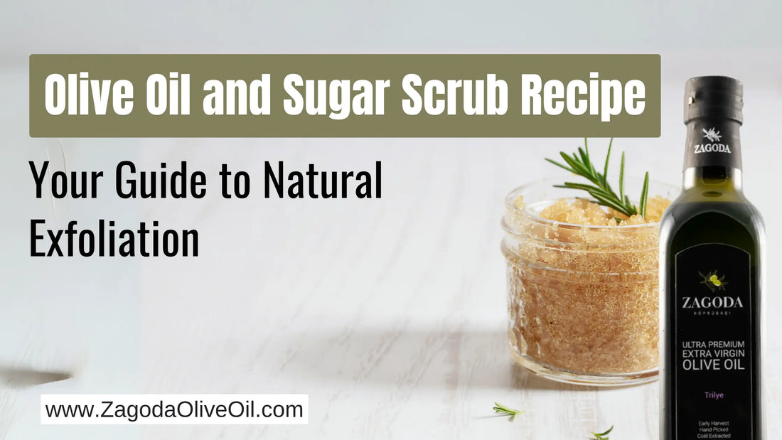 Glass jar filled with homemade olive oil and sugar scrub, surrounded by fresh olive branches, on a wooden surface