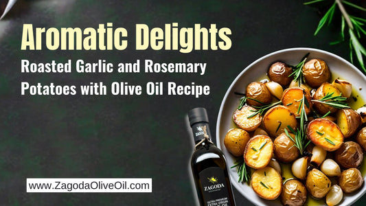 Bowl of roasted garlic and rosemary potatoes drizzled with olive oil on a rustic wooden table.