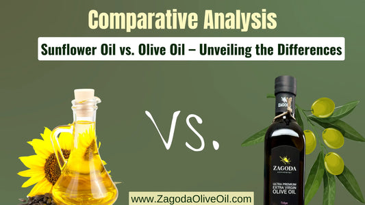 Comparison of sunflower oil vs olive oil: two clear bottles, one with golden olive oil and the other with light yellow sunflower oil, against a kitchen backdrop.